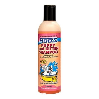 Fido’s Puppy and Kitten Shampoo is a soap-free, PH balanced and hypoallergenic formulation for use on puppies, kittens and small domestic pets.